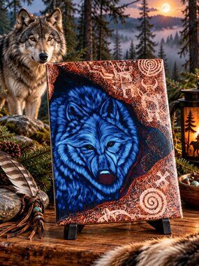 "Sacred Place" Wolf Artwork/Art Tile by Native American Artist William Rabbit
